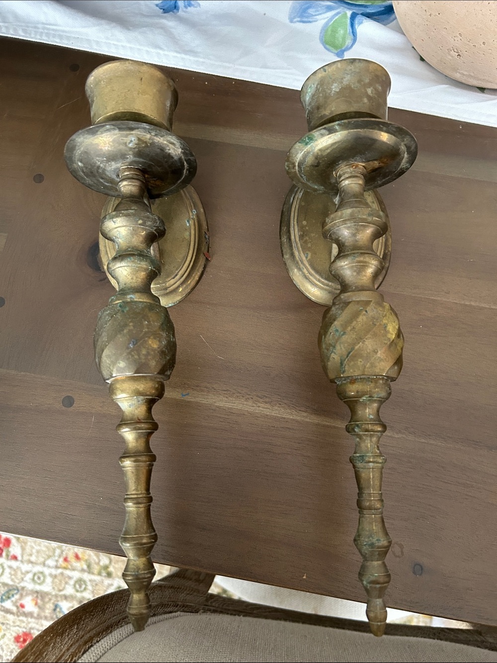 Pair of Vintage Brass Wall Sconces - Ornate Turned Design